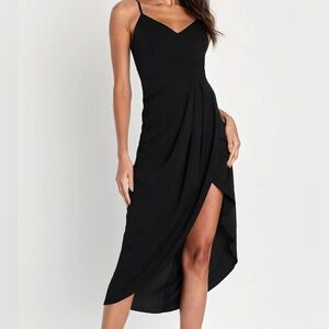 NEW Lulus Reinette Black Midi Dress Crepe Draped Wrap V Neck Front Slit Small